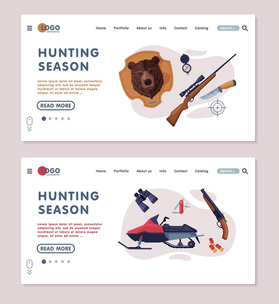 Hunting Season Landing Page Templates Set, Hunter Tackles and Equipment Website Interface Flat Illustration vector