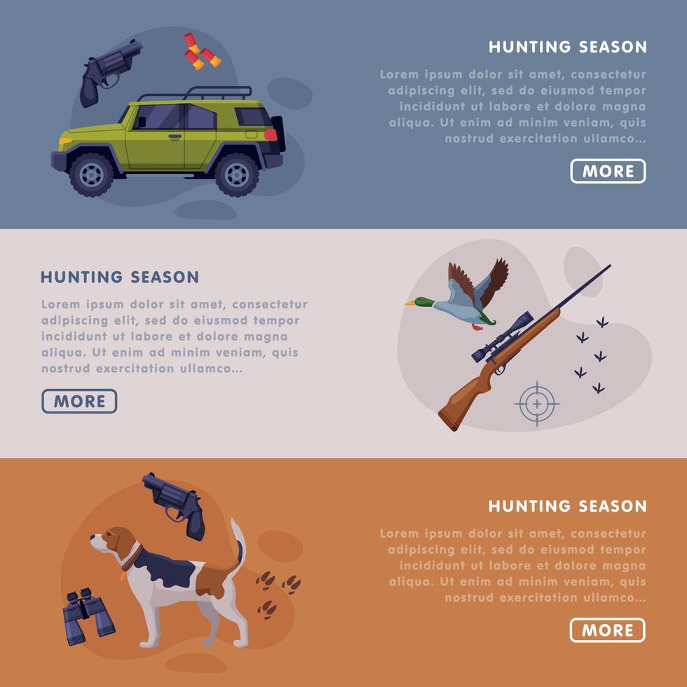 Hunting Season Landing Page Horizontal Templates Set, Hunting Attributes, Tackles and Equipment Website Interface Illustration vector