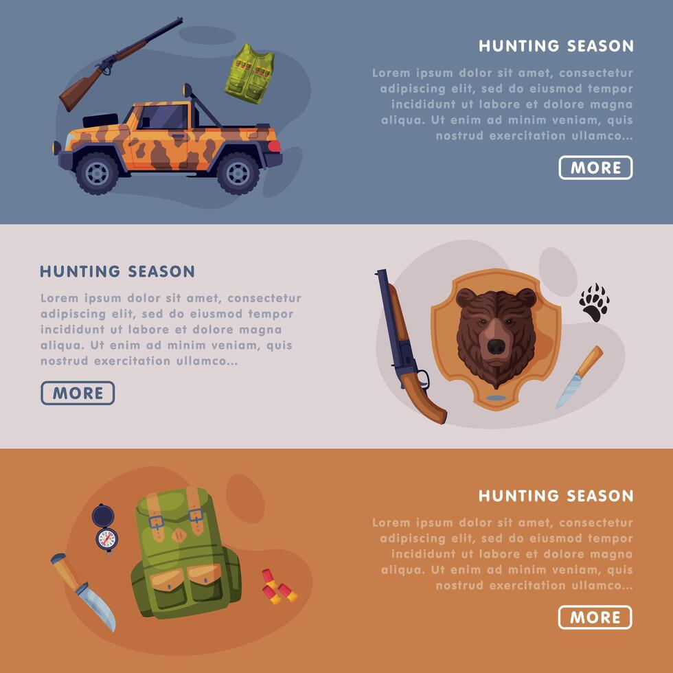 Hunting Season Landing Pages Set, Hunting Attributes, Tackles and Equipment Website Interface Illustration vector