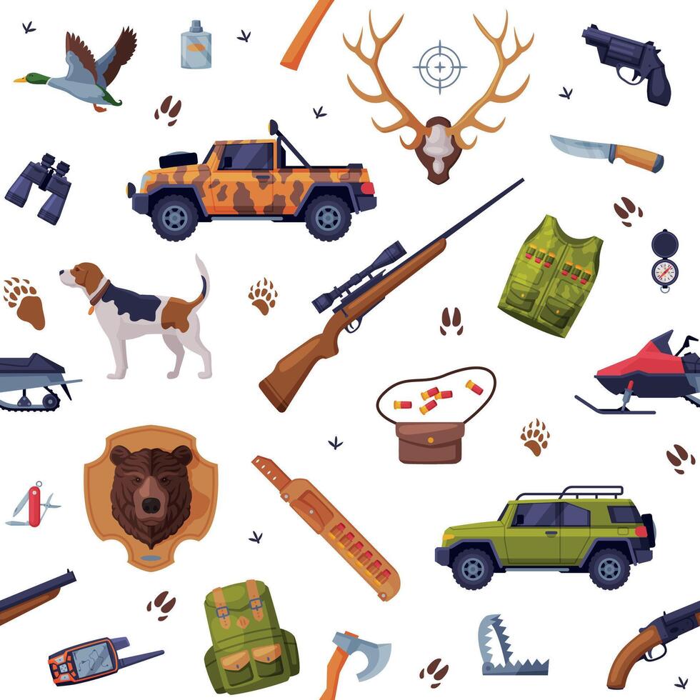 Hunter Attributes Seamless Pattern, Hunting Season Tackles, Textile, Wallpaper, Wrapping Paper, Background Design Flat Illustration vector