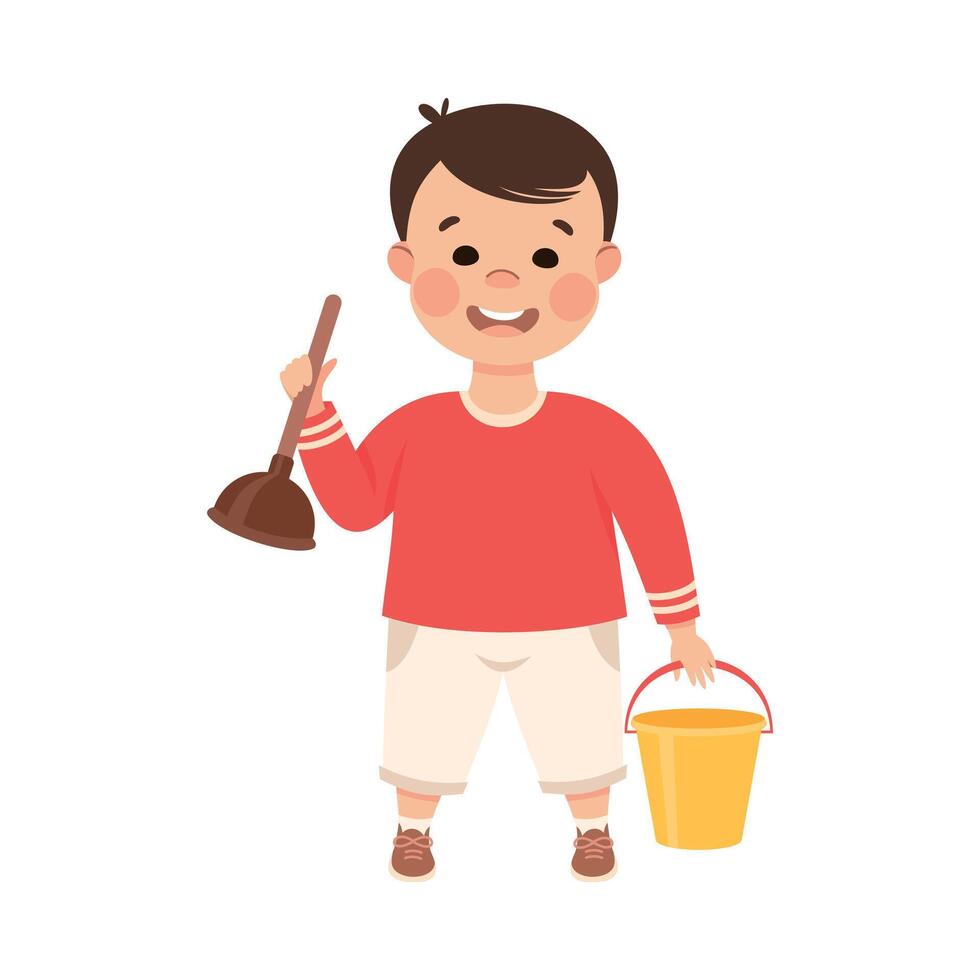Cute Boy Standing with Plunger and Bucket, Kid Helping his Parents with Housework or Doing Household Chores Cartoon Style Illustration vector