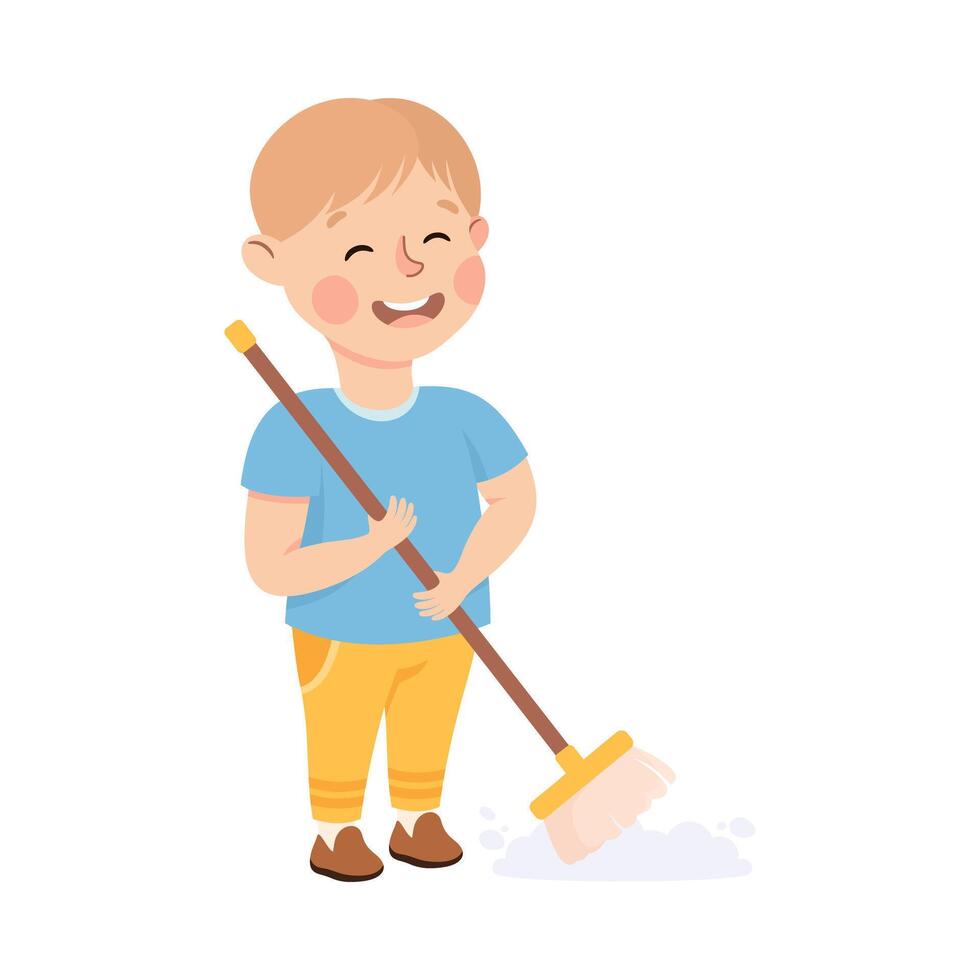 Cute Boy Sweeping The Floor, Kid Helping his Parents with Housework or Doing Household Chores Cartoon Style Illustration vector