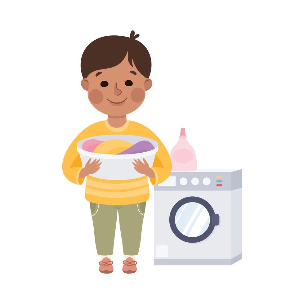 Cute Boy Doing Laundry, Kid Helping his Parents with Housework or Doing Household Chores Cartoon Style Illustration vector