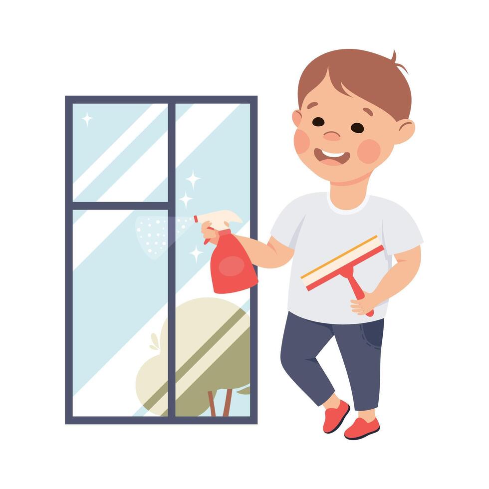 Cute Boy Cleaning Window, Kid Helping his Parents with Housework or Doing Household Chores Cartoon Style Illustration vector