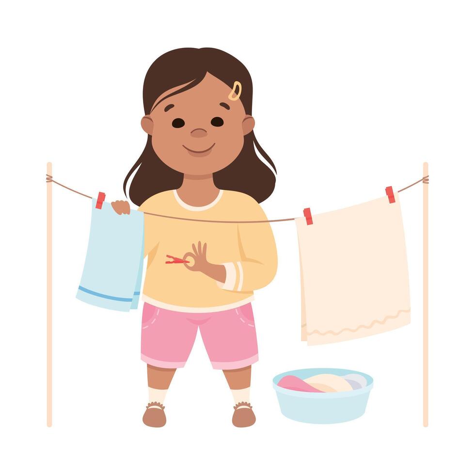 Cute Girl Hanging Clothes out to Dry, Kid Helping her Parents with Housework or Doing Household Chores Cartoon Style Illustration vector