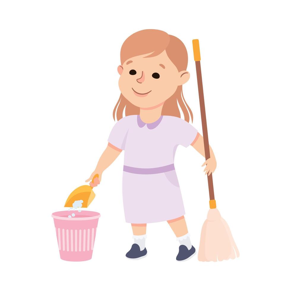 Cute Girl Sweeping The Floor with Broom and Scoop, Kid Helping her Parents with Housework or Doing Household Chores Cartoon Style Illustration vector