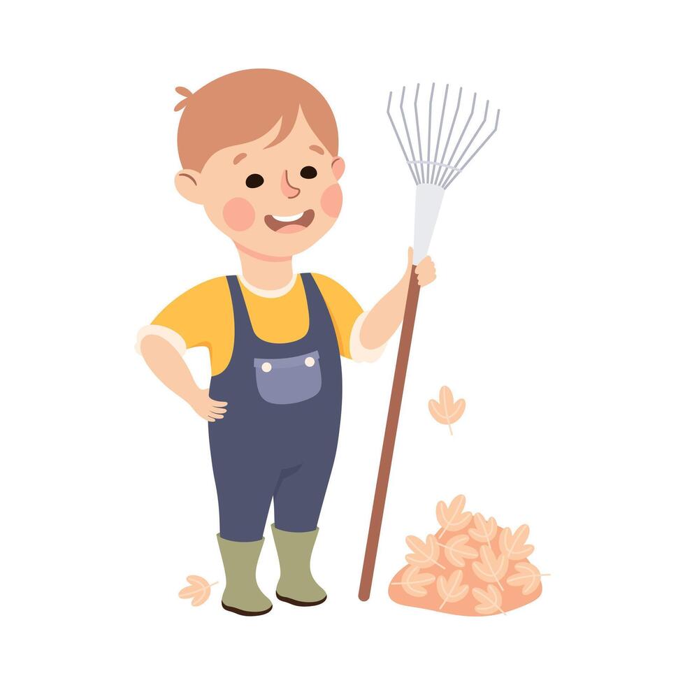 Cute Boy Raking Leaves, Kid Helping his Parents with Housework or Doing Household Chores Cartoon Style Illustration vector
