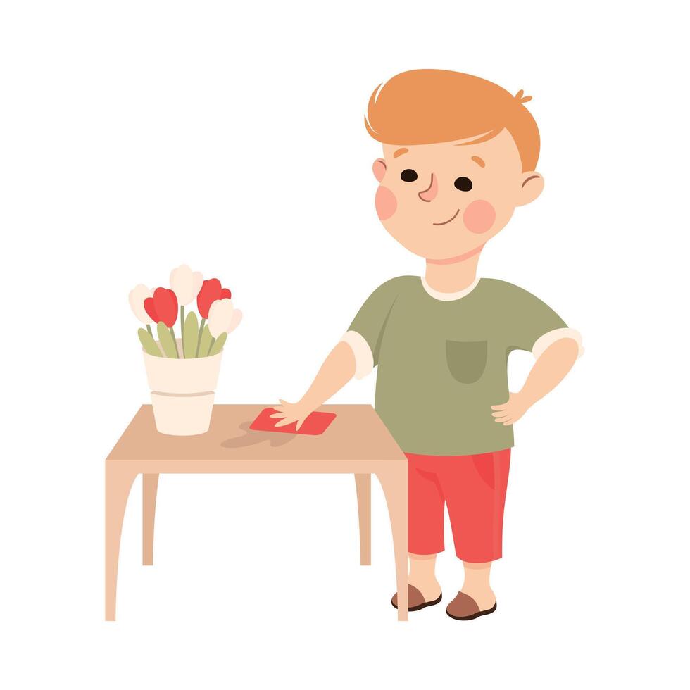 Cute Boy Wiping Dust From Table, Kid Helping his Parents with Housework or Doing Household Chores Cartoon Style Illustration vector