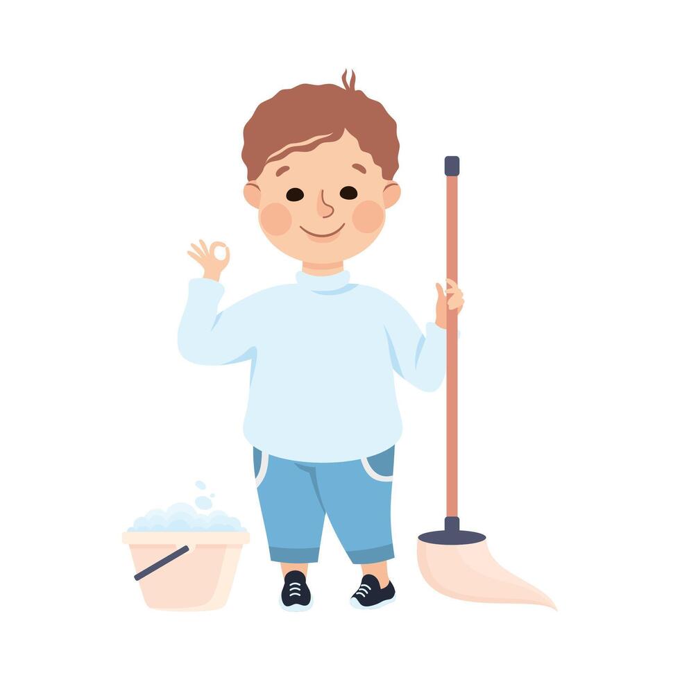 Cute Boy Mopping the Floor, Kid Helping his Parents with Housework or Doing Household Chores Cartoon Style Illustration vector