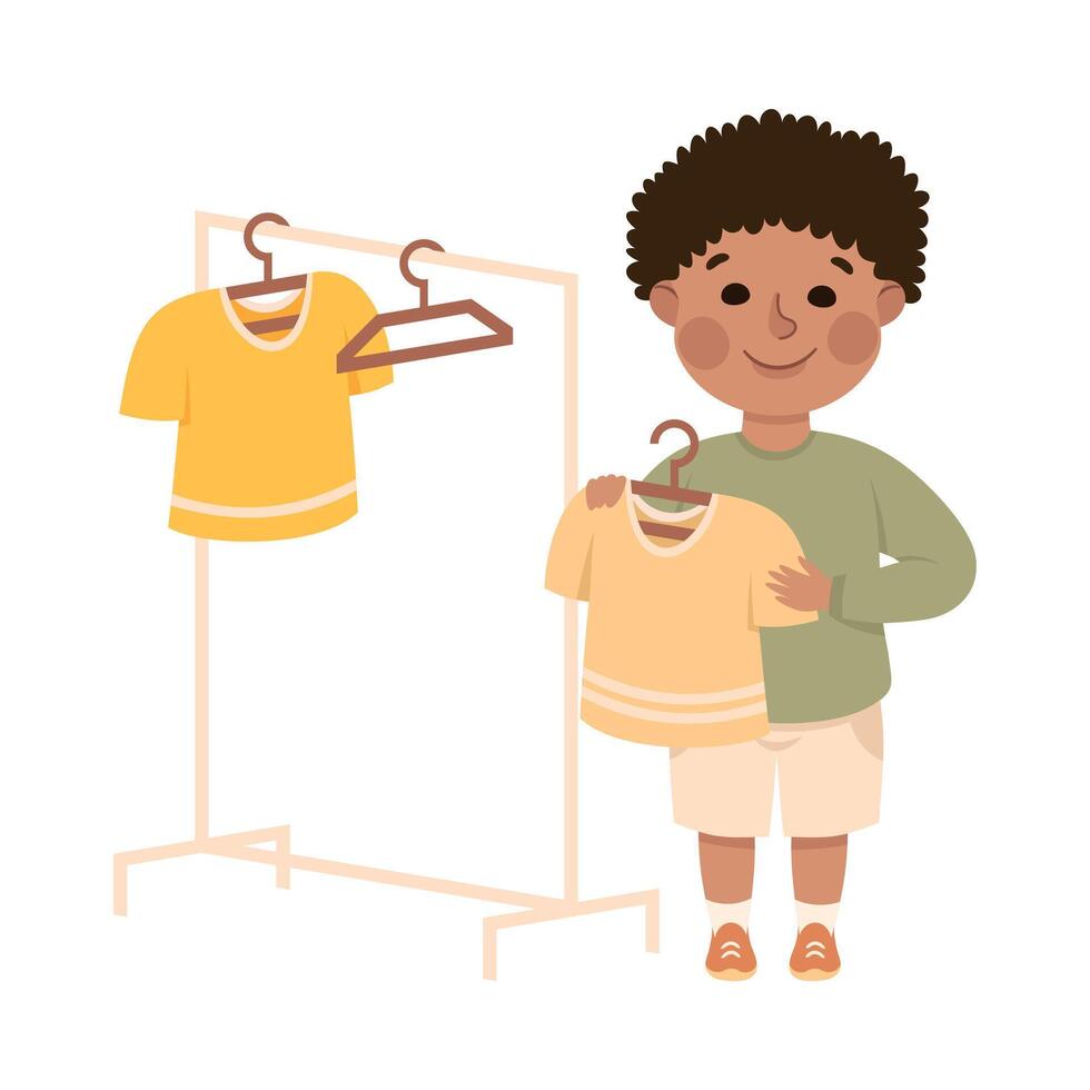 Cute Boy Hanging Clothes on Hangers in Closet, Kid Helping his Parents with Housework or Doing Household Chores Cartoon Style Illustration vector