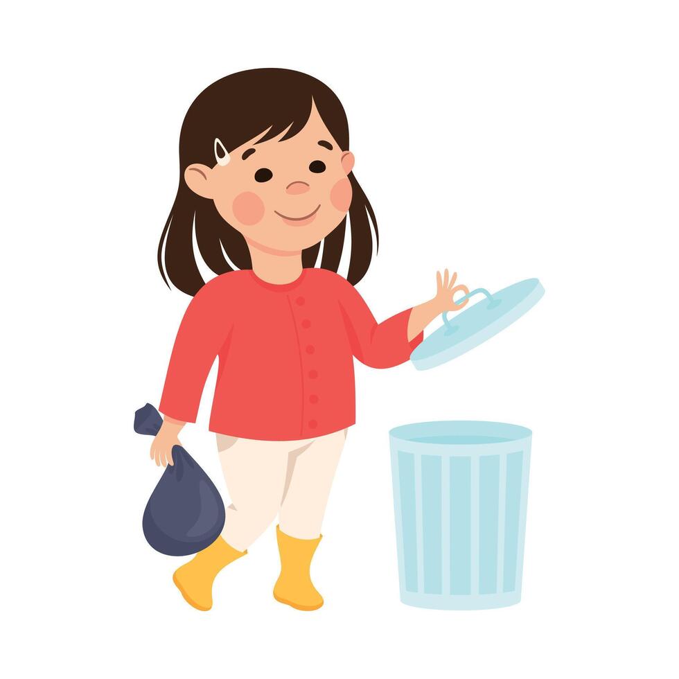 Cute Girl Throwing Garbage into Trash Can, Kid Helping her Parents with Housework or Doing Household Chores Cartoon Style Illustration vector