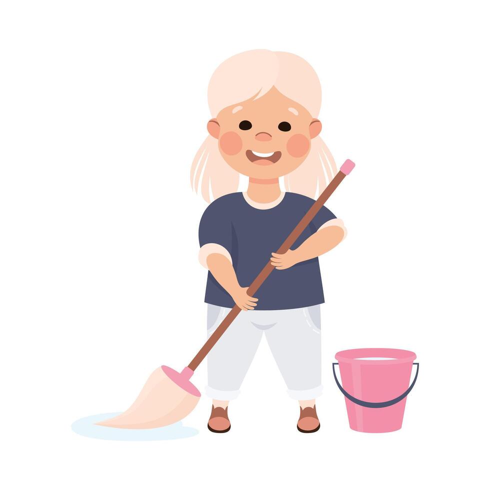 Cute Girl Mopping the Floor with Mop, Kid Helping her Parents with Housework or Doing Household Chores Cartoon Style Illustration vector