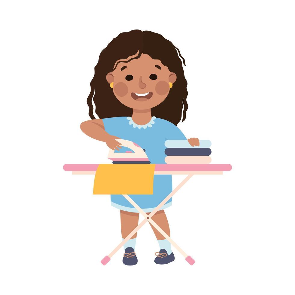 Cute Girl Ironing Clothes on Ironing Board, Kid Helping her Parents with Housework or Doing Household Chores Cartoon Style Illustration vector