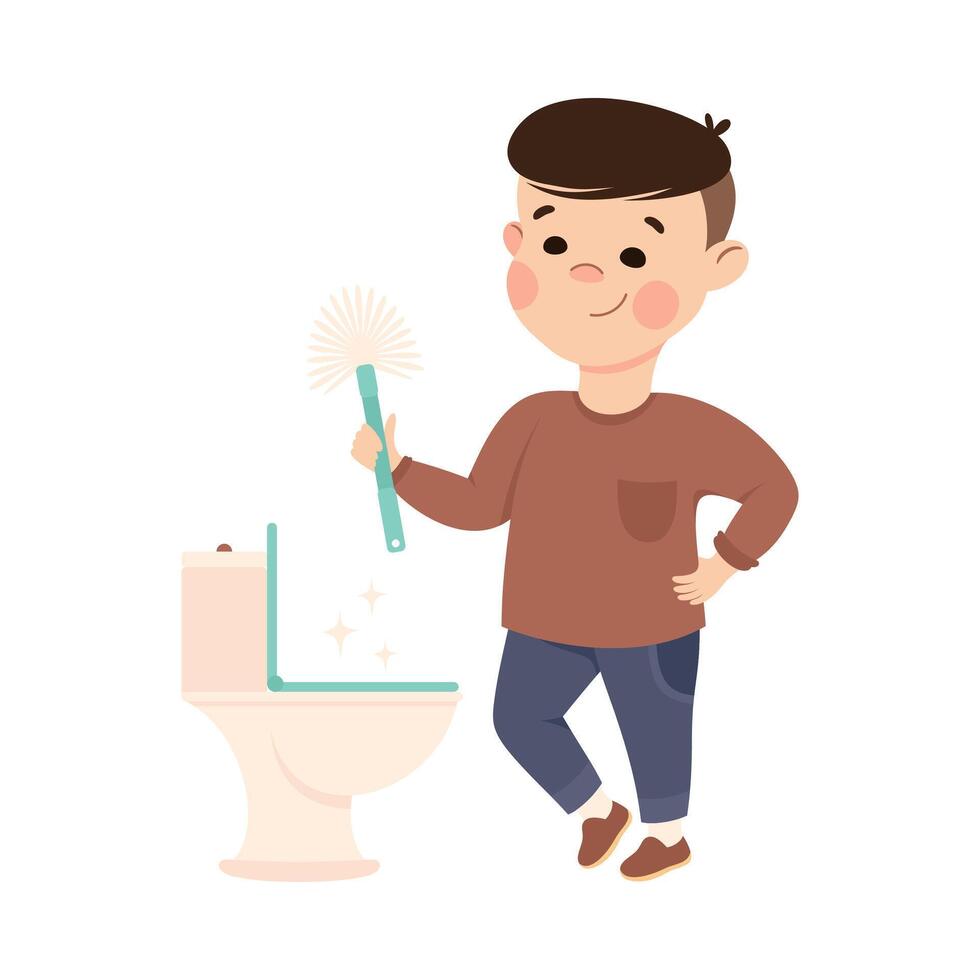 Cute Boy Cleaning Toilet Bowl with Brush, Kid Helping his Parents with Housework or Doing Household Chores Cartoon Style Illustration vector