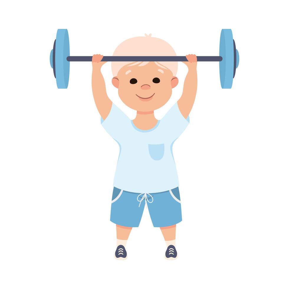 Cute Boy Lifting Barbell, Kid Doing Sports, Active Healthy Lifestyle Concept Cartoon Style Illustration vector