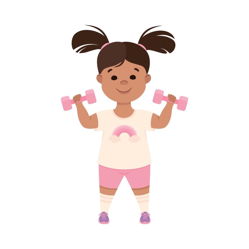 Cute Girl Exercising with Dumbbells, Kid Doing Sports, Active Healthy Lifestyle Concept Cartoon Style Illustration vector