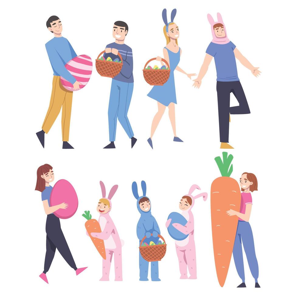 Happy Easter, Cheerful People Celebrating Holiday Set, Men, Women and Kids with Decorated Easter Eggs Cartoon Style Illustration vector
