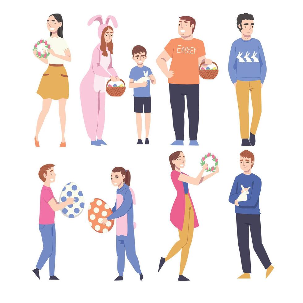 Happy People Celebrating Easter Set, Men, Women and Kids Holding Decorated Eggs, Flower Wreaths Cartoon Style Illustration vector
