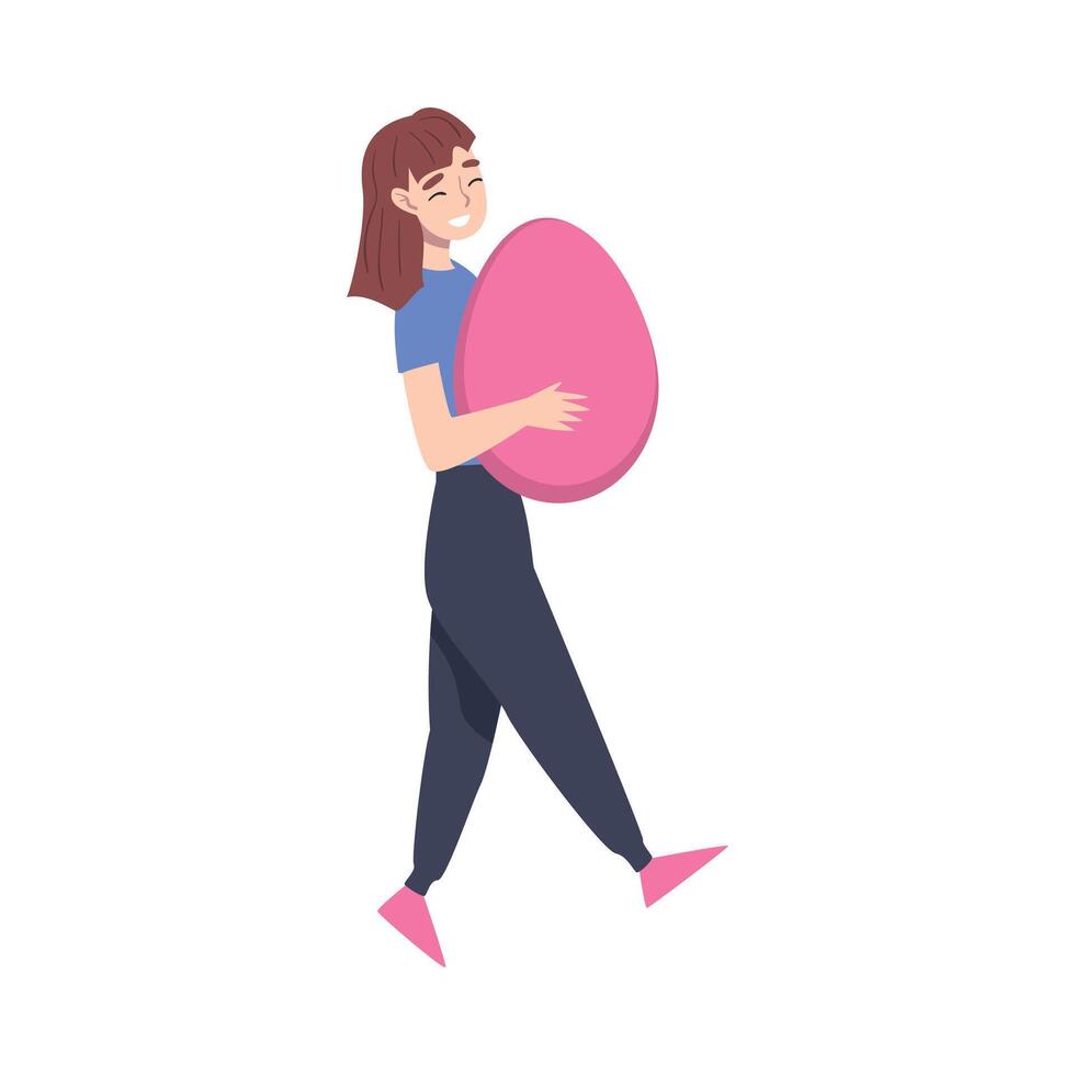 Girl Carrying Huge Pink Easter Egg, Happy Easter Concept Cartoon Style Illustration vector