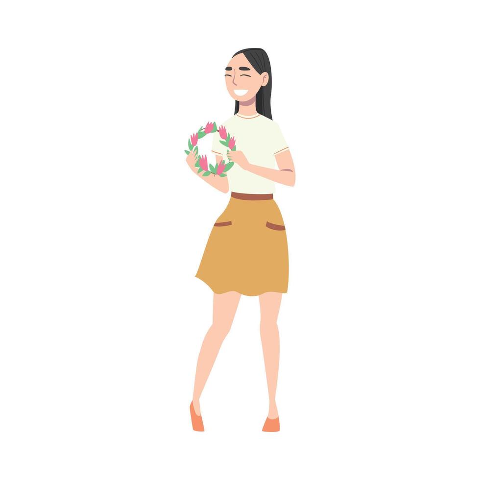 Smiling Young Woman Holding Wreath Made of Spring Flowers, Happy Easter Concept Cartoon Style Illustration vector