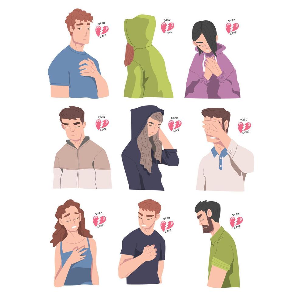 Man and Woman with Broken Hearts Suffering Because of Lost Love Illustration Set vector