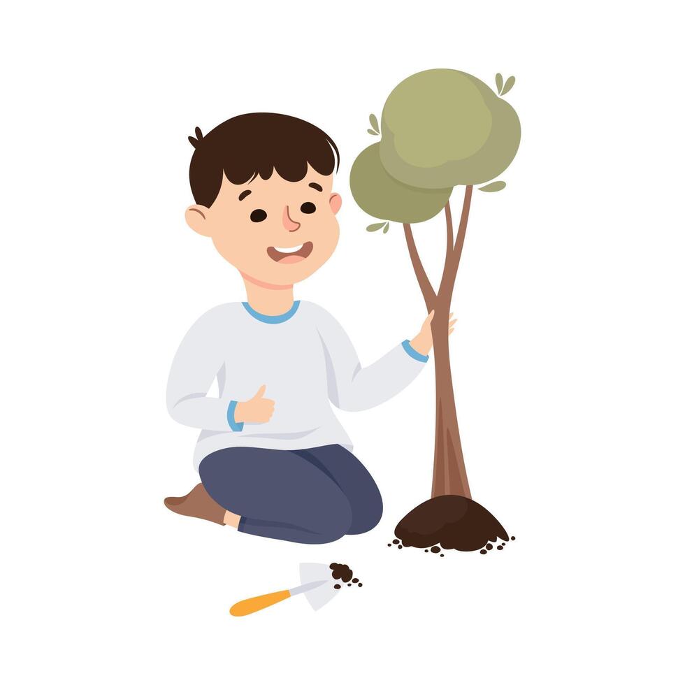 Obedient Boy with Good Breeding Planting Tree in Soil Illustration vector
