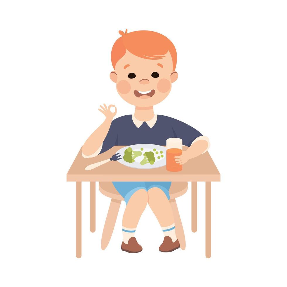 Obedient Boy with Good Breeding at Kitchen Table Eating Healthy Breakfast Illustration vector