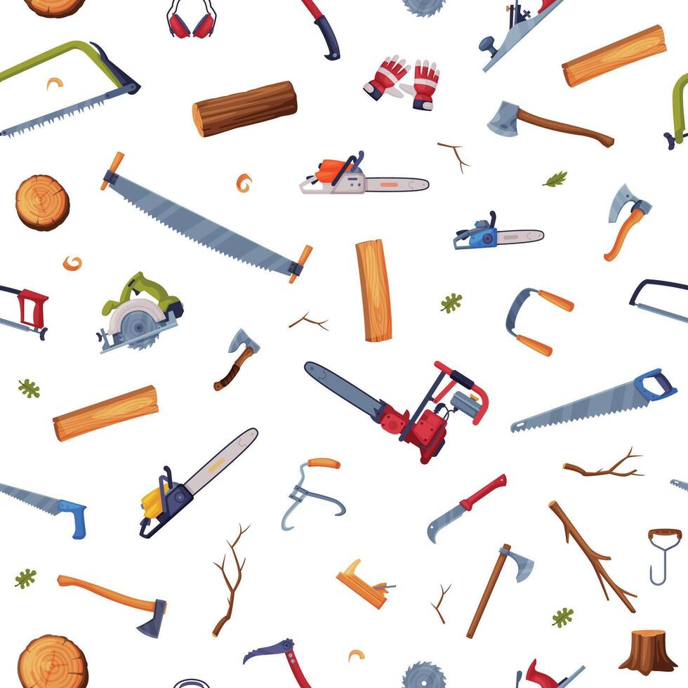Woodworking Tools with Saw, Ax and Timber Seamless Pattern vector