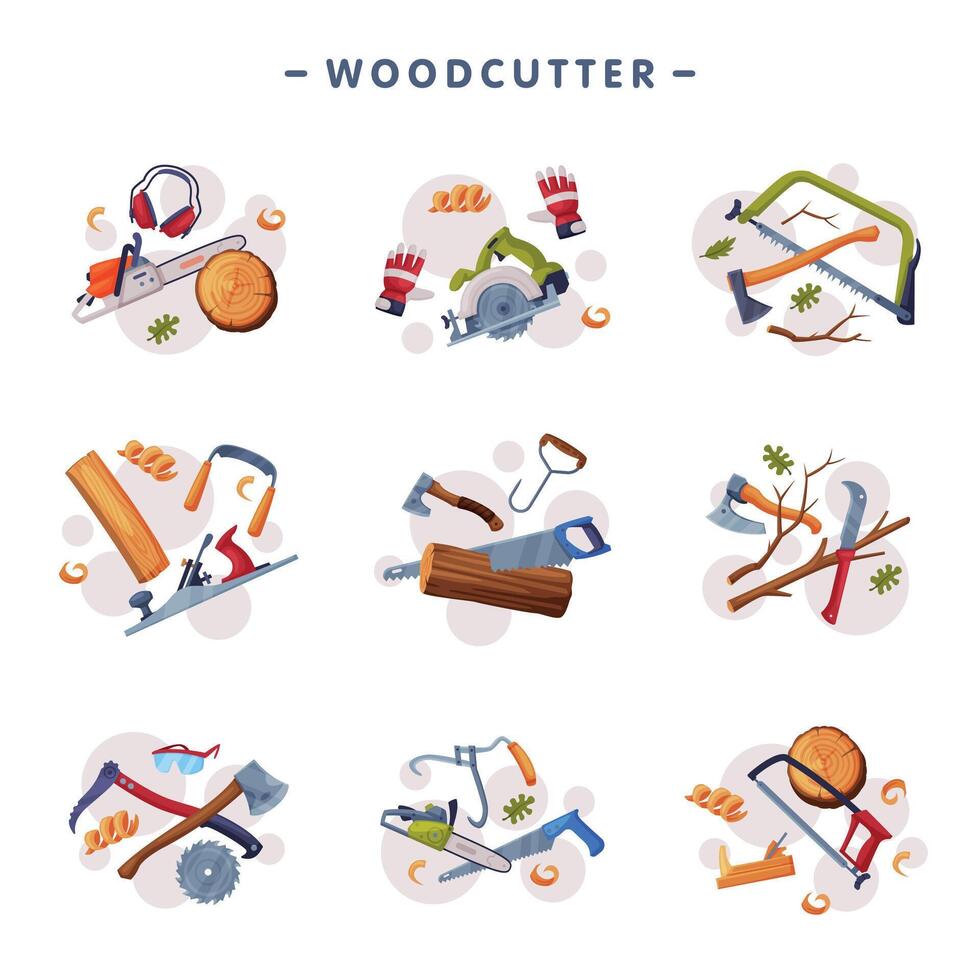 Wood Chopping Implement with Saw and Wood Chopper or Ax Composition Set vector