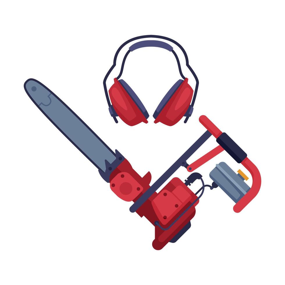 Powered Chain Saw with Hard Toothed Edge and Ear Protectors Illustration vector