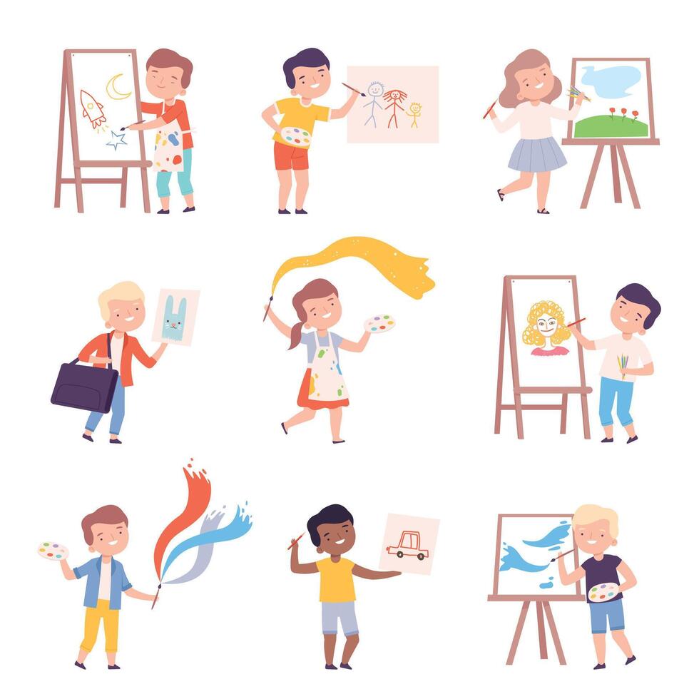 Boys and Girls Painting on Canvas Set, Kids Artists Drawing on Easel, Paper and Wall with Paints and Pencils Cartoon Style Illustration vector