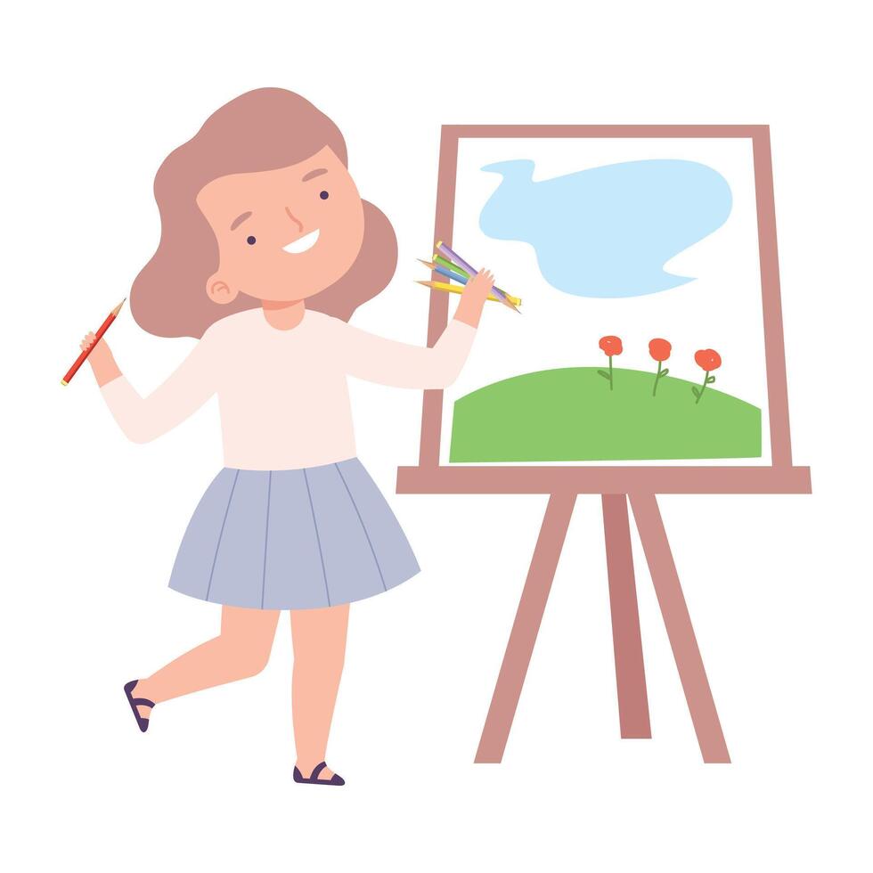Cute Girl Painting Natural Landscape on Canvas, Little Artist Character Drawing on Easel with Paints Cartoon Style Illustration vector