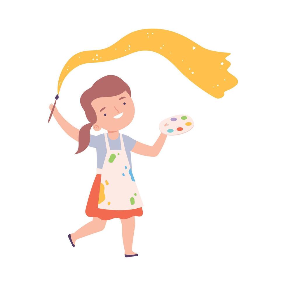 Happy Girl Painting with Palette and Brush, Little Artist Character Drawing with Yellow Paint Cartoon Style Illustration vector