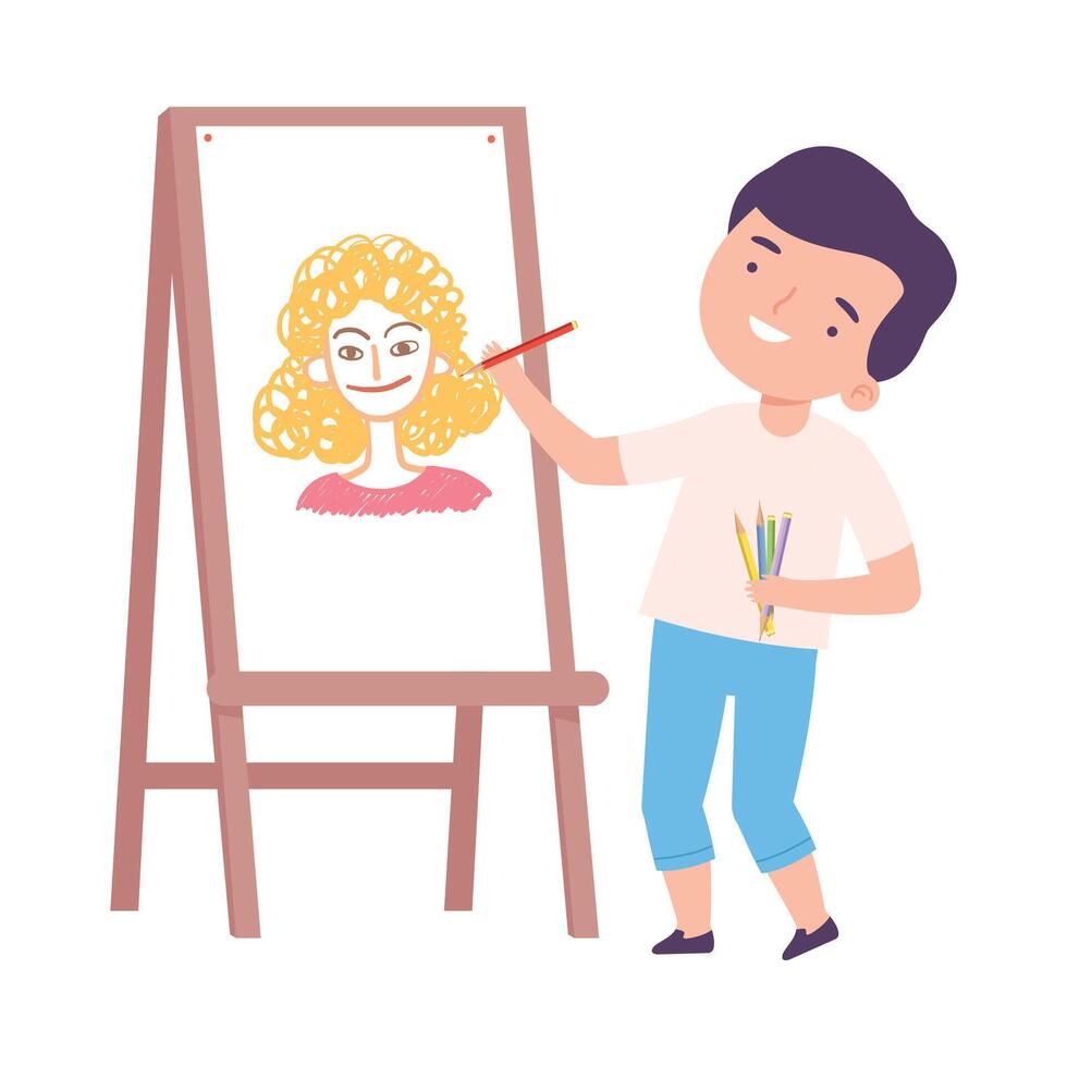 Cute Boy Painting on Canvas, Little Artist Character Drawing Mom on Easel with Paints Cartoon Style Illustration vector
