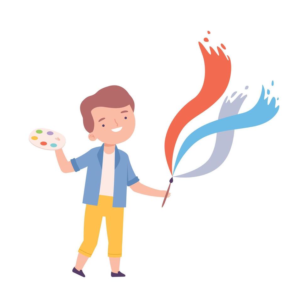 Cute Boy Painting on Wall with Palette and Brush, Little Artist Character Drawing with Paints Cartoon Style Illustration vector