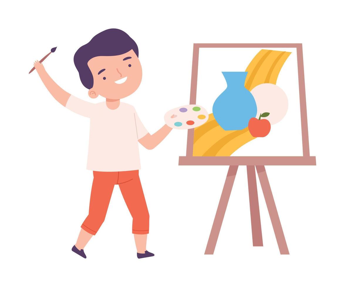 Cute Boy Painting Still Life on Canvas, Little Artist Character Drawing on Easel with Paints Cartoon Style Illustration vector