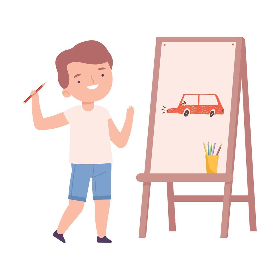 Cute Boy Painting on Canvas, Little Artist Character Drawing Car on Easel with Paints Cartoon Style Illustration vector