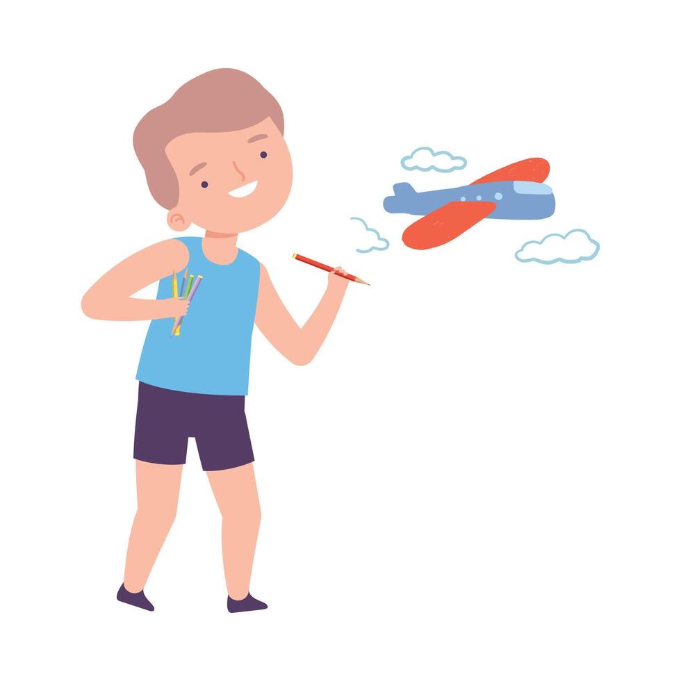 Cute Boy Drawing Biplane on Wall, Little Artist Character Drawing with Pencil Cartoon Style Illustration vector