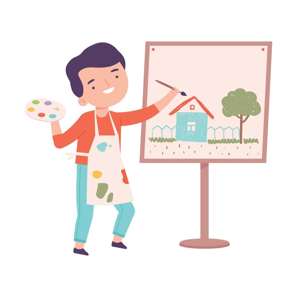 Happy Boy Painting on Canvas, Little Artist Character Drawing House on Easel with Paints Cartoon Style Illustration vector