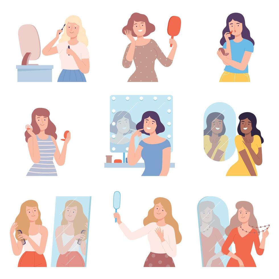 Young Women Doing Makeup Set, Girls Applying Mascara, Lipstick, Make Up Powder on their Faces Cartoon Style Illustration vector