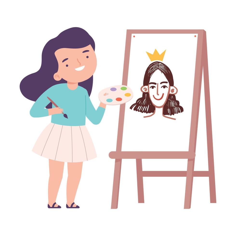 Lovely Girl Painting Princess on Canvas with Palette and Brush, Little Artist Character on Drawing Easel with Paints Cartoon Style Illustration vector