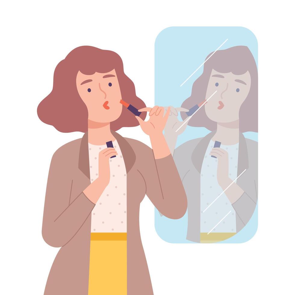 Young Woman Applying Lipstick, Girl Doing Makeup Looking at Herself in Mirror Cartoon Style Illustration vector