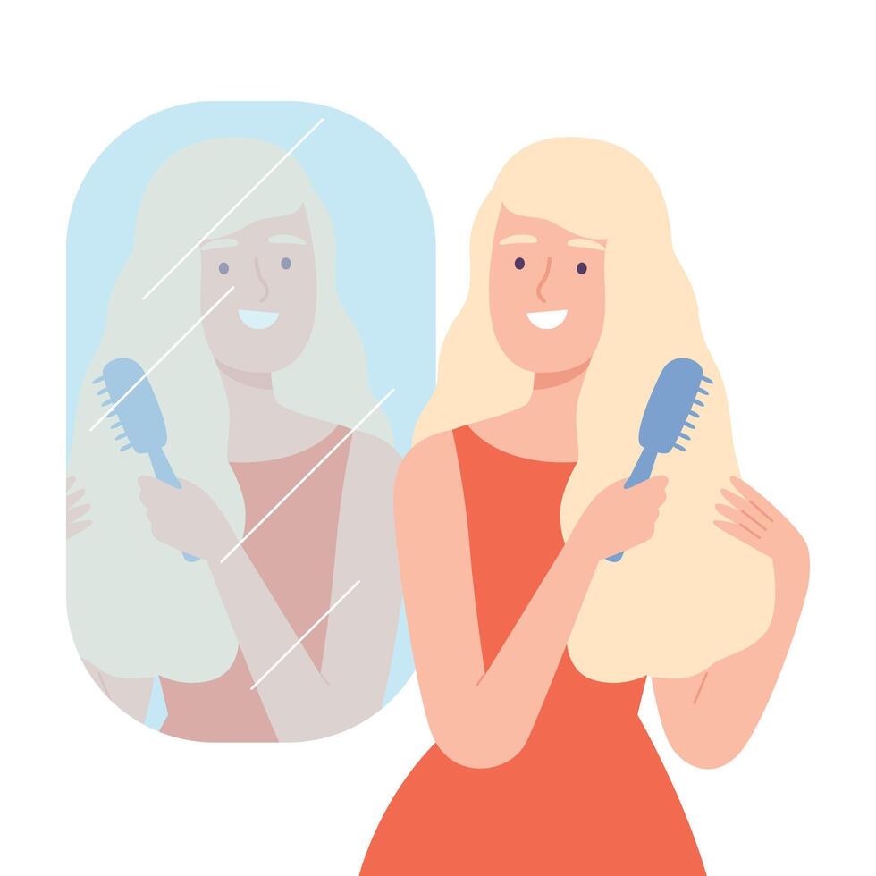 Beautiful Blonde Young Woman Combing her Hair Looking at Herself in Mirror Cartoon Style Illustration vector