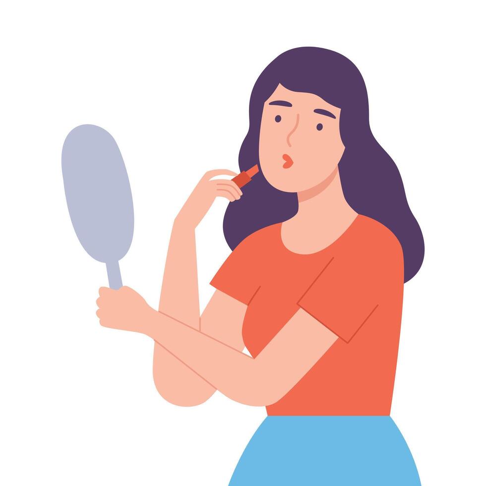 Brunette Woman Applying Lipstick Looking at Herself in Mirror, Girl Doing Makeup and Applying Cosmetic on her Face Cartoon Style Illustration vector