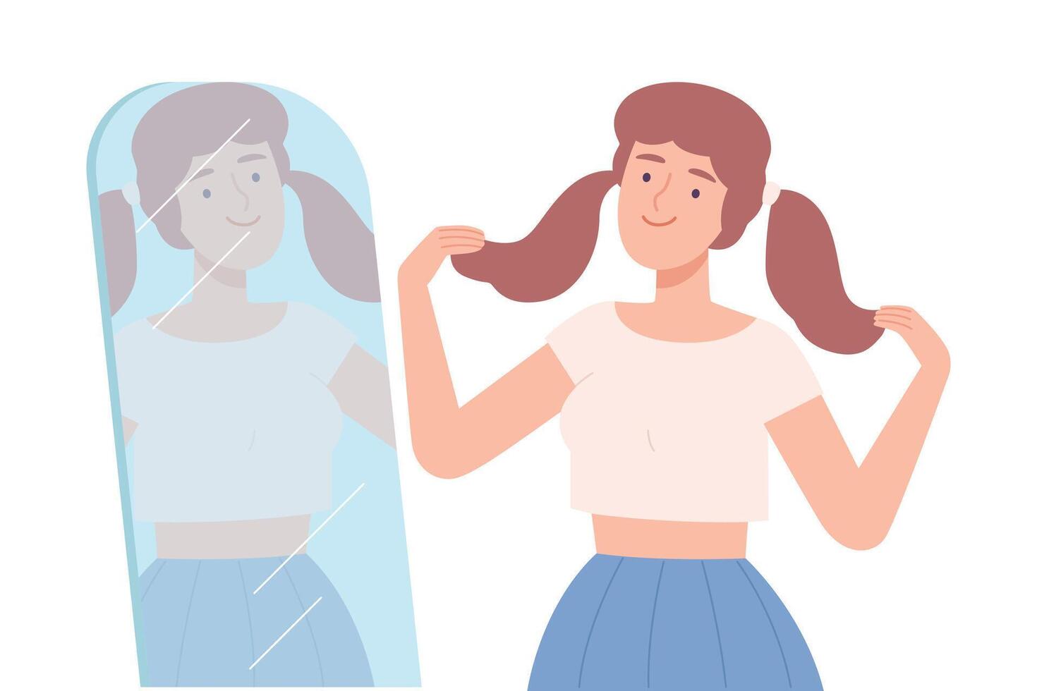 Teenage Girl Standing in Front of Mirror and Making Hairstyle Cartoon Style Illustration vector