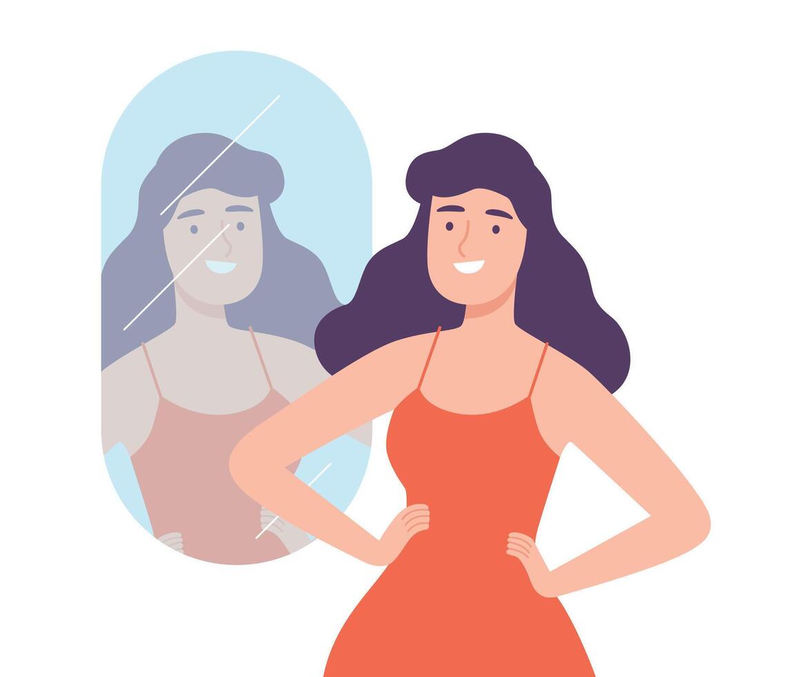 Beautiful Woman Standing in Front of Mirror Looking at her Reflection Cartoon Style Illustration vector