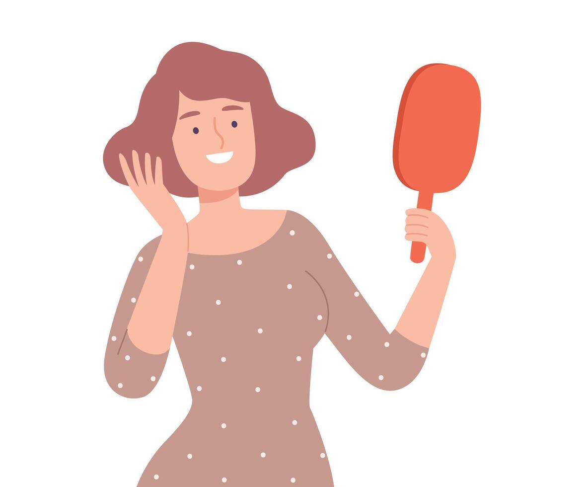 Young Woman Touching her Hair while Looking at herself at Mirror Cartoon Style Illustration vector