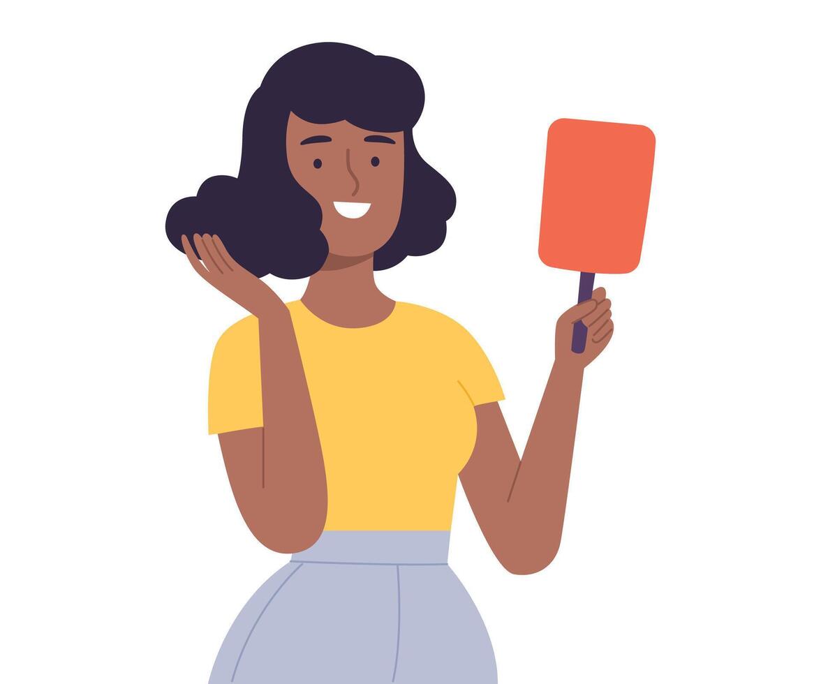 Young African American Woman Touching her Hair while Looking at herself at Mirror Cartoon Style Illustration vector