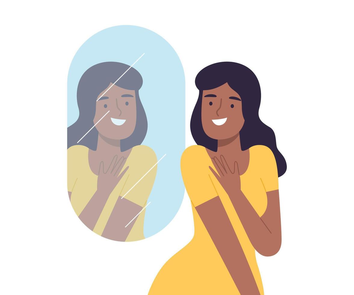Beautiful Happy Woman Standing in Front of Mirror Cartoon Style Illustration vector