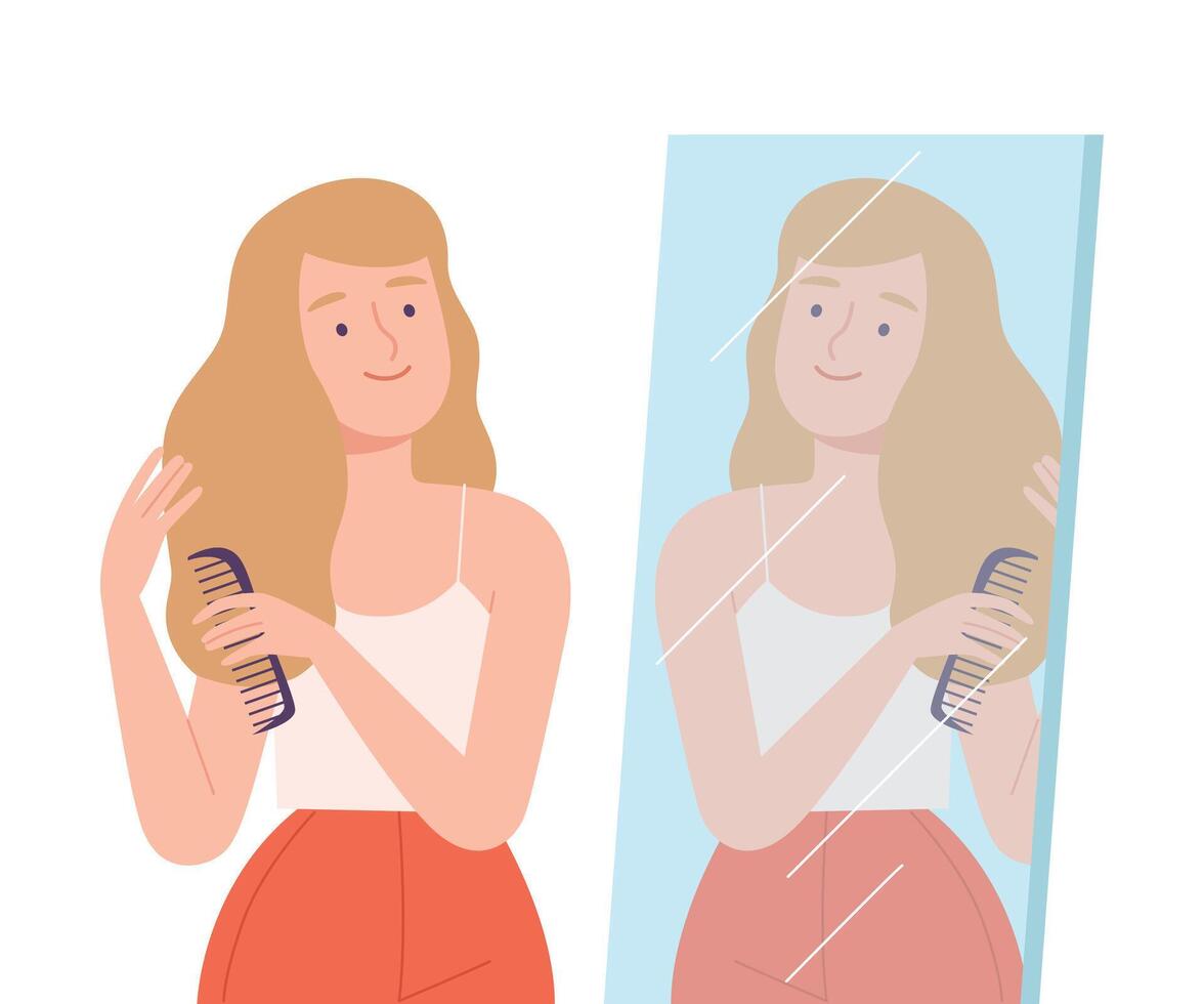 Beautiful Young Woman Combing her Hair Looking at Herself in Mirror Cartoon Style Illustration vector